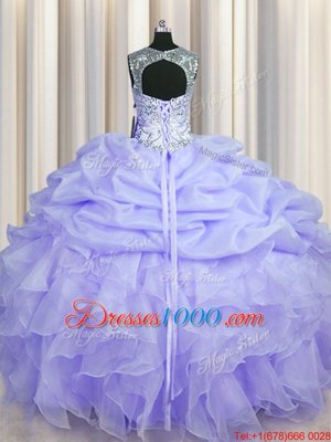 Hot Sale See Through Lavender Quinceanera Dress Military Ball and Sweet 16 and Quinceanera and For with Beading and Ruffles and Pick Ups Scoop Sleeveless Lace Up