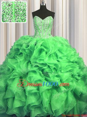Lovely Visible Boning Bling-bling Sweetheart Sleeveless Ball Gown Prom Dress With Train Sweep Train Beading and Ruffles Organza