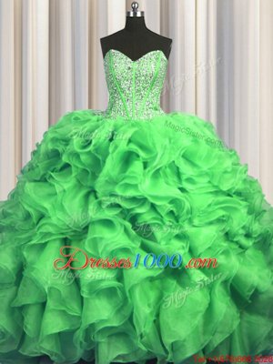 Lovely Visible Boning Bling-bling Sweetheart Sleeveless Ball Gown Prom Dress With Train Sweep Train Beading and Ruffles Organza