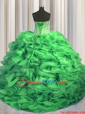 Lovely Visible Boning Bling-bling Sweetheart Sleeveless Ball Gown Prom Dress With Train Sweep Train Beading and Ruffles Organza