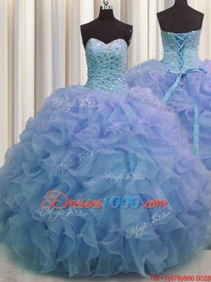 Turquoise Organza Lace Up V-neck Sleeveless Floor Length Sweet 16 Dress Beading and Ruffles