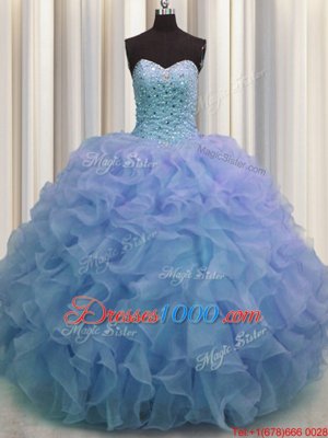 Organza Sweetheart Sleeveless Lace Up Beading and Ruffles 15 Quinceanera Dress in Blue