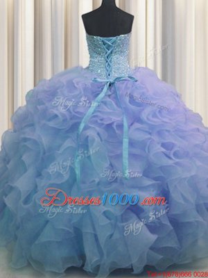 Organza Sweetheart Sleeveless Lace Up Beading and Ruffles 15 Quinceanera Dress in Blue