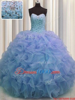 Organza Sweetheart Sleeveless Lace Up Beading and Ruffles 15 Quinceanera Dress in Blue