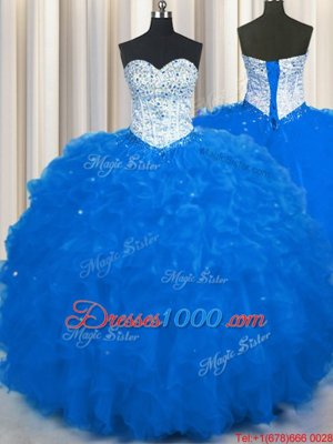 Tulle Sweetheart Sleeveless Lace Up Beading and Ruffles Vestidos de Quinceanera in Royal Blue