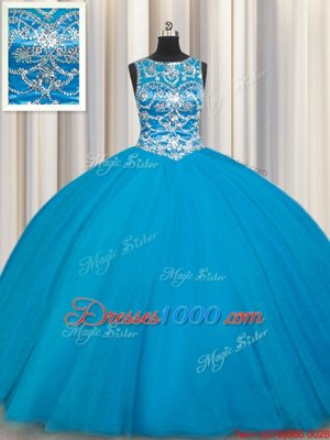 Scoop Tulle Sleeveless Floor Length 15 Quinceanera Dress and Beading