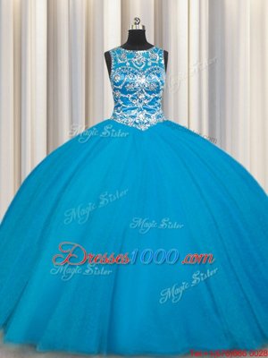 Scoop Tulle Sleeveless Floor Length 15 Quinceanera Dress and Beading