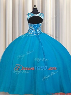 Scoop Tulle Sleeveless Floor Length 15 Quinceanera Dress and Beading