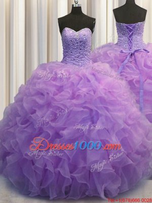 Floor Length Lace Up Quince Ball Gowns Lavender and In for Military Ball and Sweet 16 and Quinceanera with Beading and Ruffles
