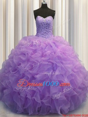 Floor Length Lace Up Quince Ball Gowns Lavender and In for Military Ball and Sweet 16 and Quinceanera with Beading and Ruffles