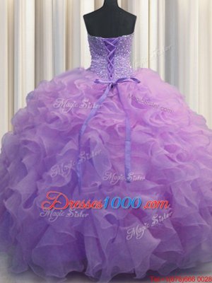 Floor Length Lace Up Quince Ball Gowns Lavender and In for Military Ball and Sweet 16 and Quinceanera with Beading and Ruffles