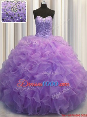 Floor Length Lace Up Quince Ball Gowns Lavender and In for Military Ball and Sweet 16 and Quinceanera with Beading and Ruffles