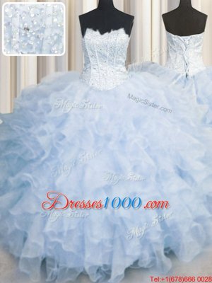 Sexy Scalloped Sleeveless Organza Quince Ball Gowns Ruffles Lace Up