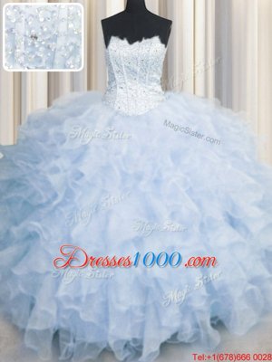Sexy Scalloped Sleeveless Organza Quince Ball Gowns Ruffles Lace Up