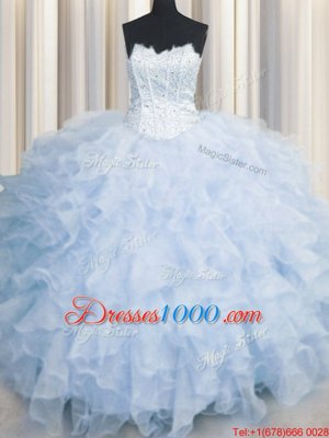 Sexy Scalloped Sleeveless Organza Quince Ball Gowns Ruffles Lace Up
