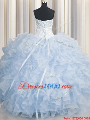 Sexy Scalloped Sleeveless Organza Quince Ball Gowns Ruffles Lace Up