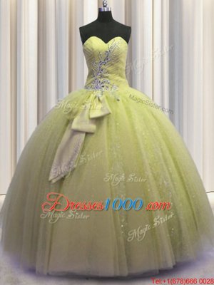Edgy Light Yellow Lace Up Sweetheart Beading and Sequins and Bowknot Quinceanera Dresses Tulle Sleeveless