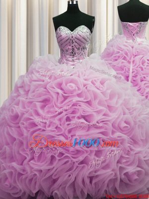 Sophisticated Lilac Ball Gowns Fabric With Rolling Flowers Sweetheart Sleeveless Beading and Pick Ups Lace Up 15th Birthday Dress Brush Train
