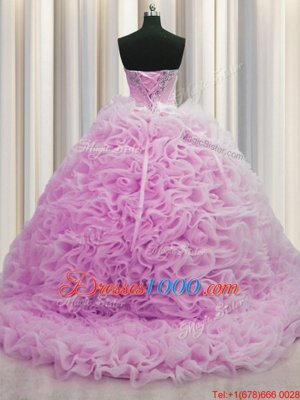 Sophisticated Lilac Ball Gowns Fabric With Rolling Flowers Sweetheart Sleeveless Beading and Pick Ups Lace Up 15th Birthday Dress Brush Train