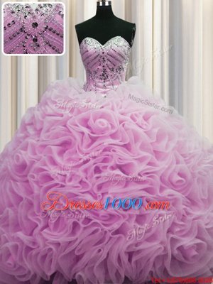 Sophisticated Lilac Ball Gowns Fabric With Rolling Flowers Sweetheart Sleeveless Beading and Pick Ups Lace Up 15th Birthday Dress Brush Train