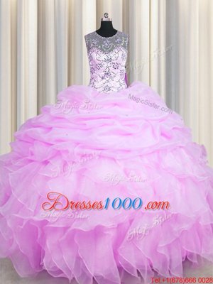 Eye-catching See Through Pick Ups Floor Length Lilac Quinceanera Dresses Scoop Sleeveless Lace Up