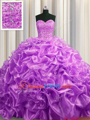 Pick Ups Lilac Sleeveless Organza Court Train Lace Up 15th Birthday Dress for Military Ball and Sweet 16 and Quinceanera