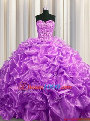 Pick Ups Lilac Sleeveless Organza Court Train Lace Up 15th Birthday Dress for Military Ball and Sweet 16 and Quinceanera