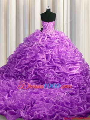 Pick Ups Lilac Sleeveless Organza Court Train Lace Up 15th Birthday Dress for Military Ball and Sweet 16 and Quinceanera