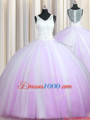 Lovely Zipper Up Lilac Quince Ball Gowns Military Ball and Sweet 16 and Quinceanera and For with Beading V-neck Sleeveless Brush Train Zipper