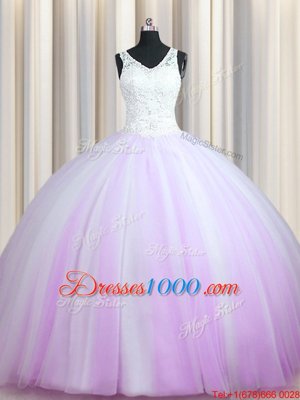 Lovely Zipper Up Lilac Quince Ball Gowns Military Ball and Sweet 16 and Quinceanera and For with Beading V-neck Sleeveless Brush Train Zipper