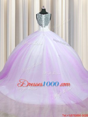 Lovely Zipper Up Lilac Quince Ball Gowns Military Ball and Sweet 16 and Quinceanera and For with Beading V-neck Sleeveless Brush Train Zipper