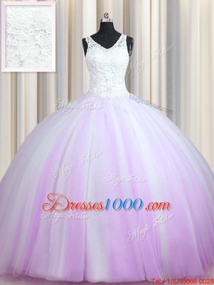 Lovely Zipper Up Lilac Quince Ball Gowns Military Ball and Sweet 16 and Quinceanera and For with Beading V-neck Sleeveless Brush Train Zipper