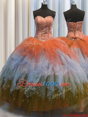 Glorious Visible Boning Sweetheart Sleeveless Quinceanera Dresses Floor Length Beading and Ruffles and Sequins Multi-color Tulle