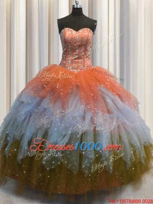 Sumptuous Beading and Ruffles Sweet 16 Quinceanera Dress Orange Lace Up Sleeveless Floor Length