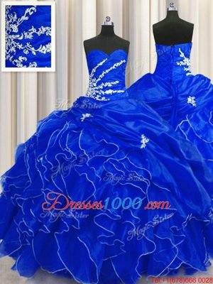 Royal Blue Ball Gowns Organza Sweetheart Sleeveless Beading and Appliques and Ruffles Floor Length Lace Up Quinceanera Dresses