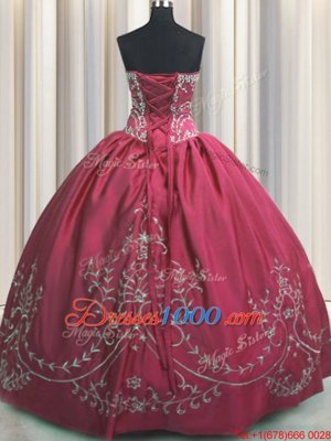 Taffeta Strapless Sleeveless Lace Up Beading and Embroidery Quinceanera Dresses in Coral Red