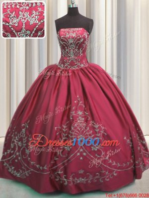 Taffeta Strapless Sleeveless Lace Up Beading and Embroidery Quinceanera Dresses in Coral Red