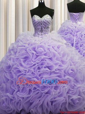 Brush Train Ball Gowns Quinceanera Gowns Lavender Sweetheart Fabric With Rolling Flowers Sleeveless Lace Up