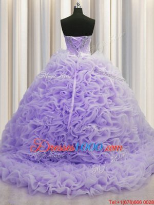 Brush Train Ball Gowns Quinceanera Gowns Lavender Sweetheart Fabric With Rolling Flowers Sleeveless Lace Up