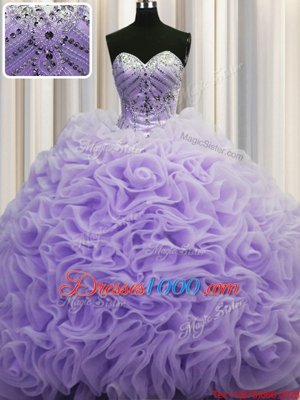 Brush Train Ball Gowns Quinceanera Gowns Lavender Sweetheart Fabric With Rolling Flowers Sleeveless Lace Up