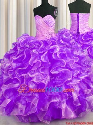 Zipple Up See Through Back Fuchsia Organza Zipper Straps Sleeveless Floor Length Ball Gown Prom Dress Beading and Ruffles
