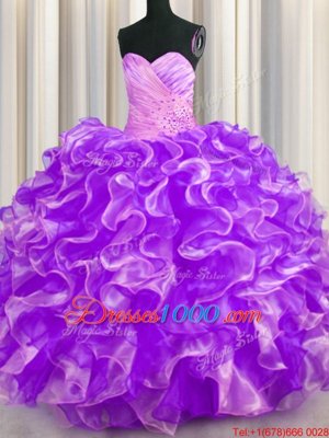 Zipple Up See Through Back Fuchsia Organza Zipper Straps Sleeveless Floor Length Ball Gown Prom Dress Beading and Ruffles