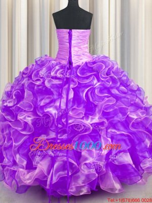 Zipple Up See Through Back Fuchsia Organza Zipper Straps Sleeveless Floor Length Ball Gown Prom Dress Beading and Ruffles