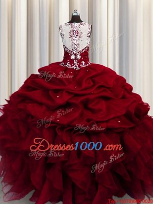 Sweet See Through Sleeveless Beading and Ruffles and Sequins Zipper Quince Ball Gowns