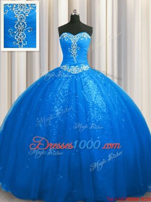 Custom Design Sweetheart Sleeveless Ball Gown Prom Dress With Train Court Train Beading and Appliques Blue Tulle and Sequined