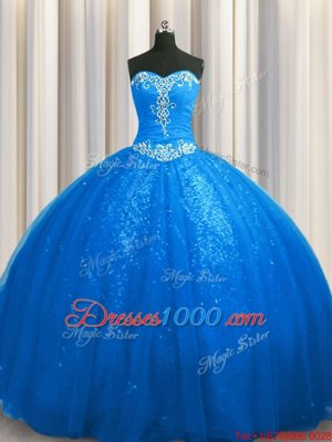 Custom Design Sweetheart Sleeveless Ball Gown Prom Dress With Train Court Train Beading and Appliques Blue Tulle and Sequined