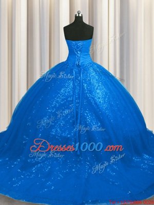 Custom Design Sweetheart Sleeveless Ball Gown Prom Dress With Train Court Train Beading and Appliques Blue Tulle and Sequined