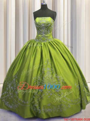 Pretty Embroidery Strapless Sleeveless Lace Up Sweet 16 Quinceanera Dress Olive Green Taffeta