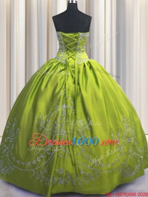 Pretty Embroidery Strapless Sleeveless Lace Up Sweet 16 Quinceanera Dress Olive Green Taffeta