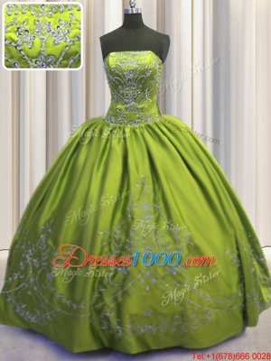 Pretty Embroidery Strapless Sleeveless Lace Up Sweet 16 Quinceanera Dress Olive Green Taffeta